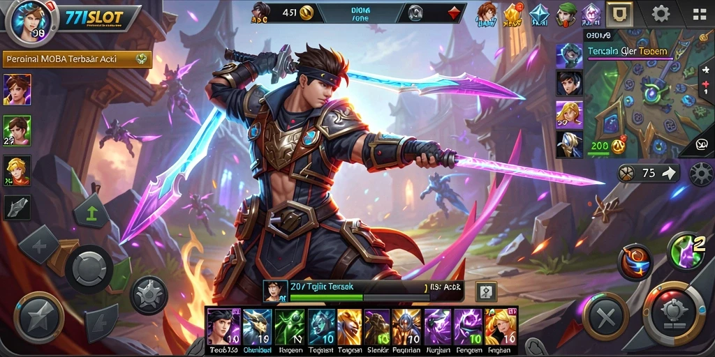 Tampilan gameplay seru dalam 171SLOT, menggambarkan aksi pertarungan MOBA.
