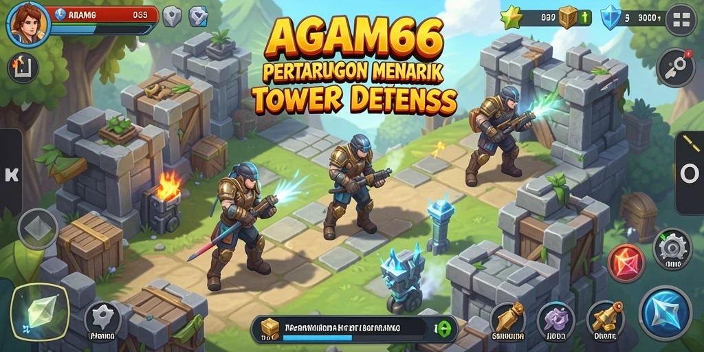 Screenshot utama AGAM66 menampilkan strategi pertahanan dengan menara yang beragam.