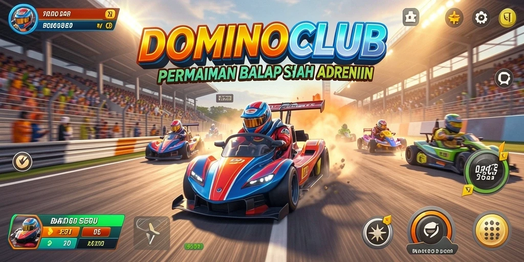 Screenshot utama DOMINOCLUB menampilkan mobil balap tercepat di trek.